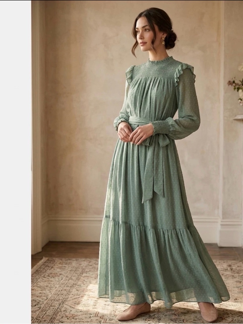 English Factory dress Medium Green Ruffle maxi belted fluttery Ruffle size M EUC
